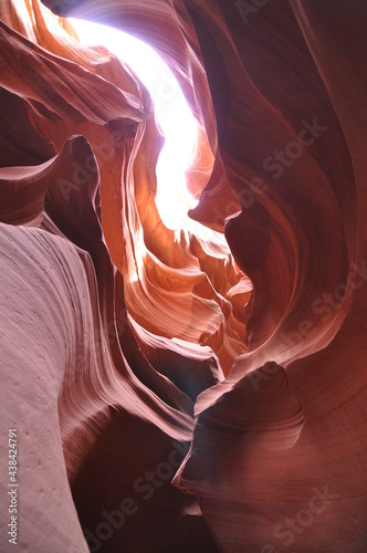 Amazing sandstone formations in Antelope Canyon on a sunny day near the old town of Page at Lake Powell, American Southwest, Arizona, USA
