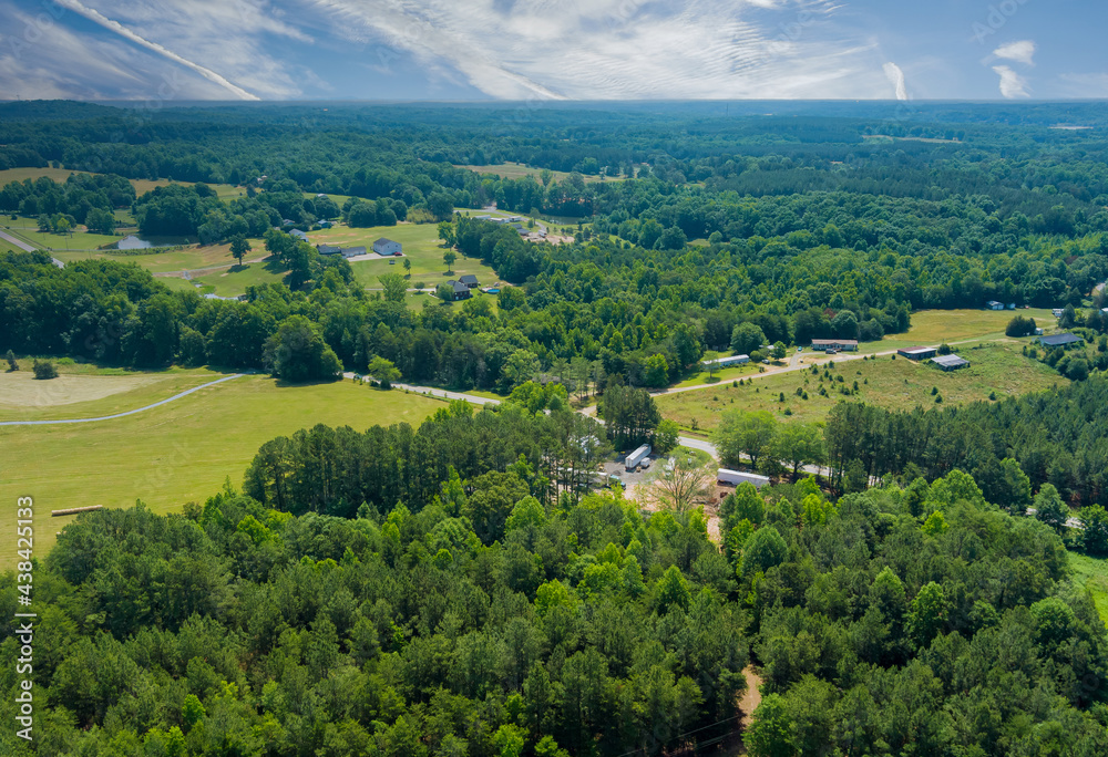 Aerial on green forest view at summer time with good weather by mountains in Campobello town , South Carolina