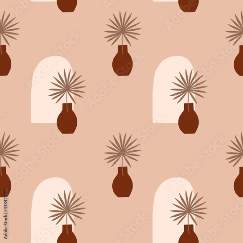 Tropical leaves and vases seamless pattern. Good for banner, poster, flyer, greeting card, web design, print design. Vector illustration.