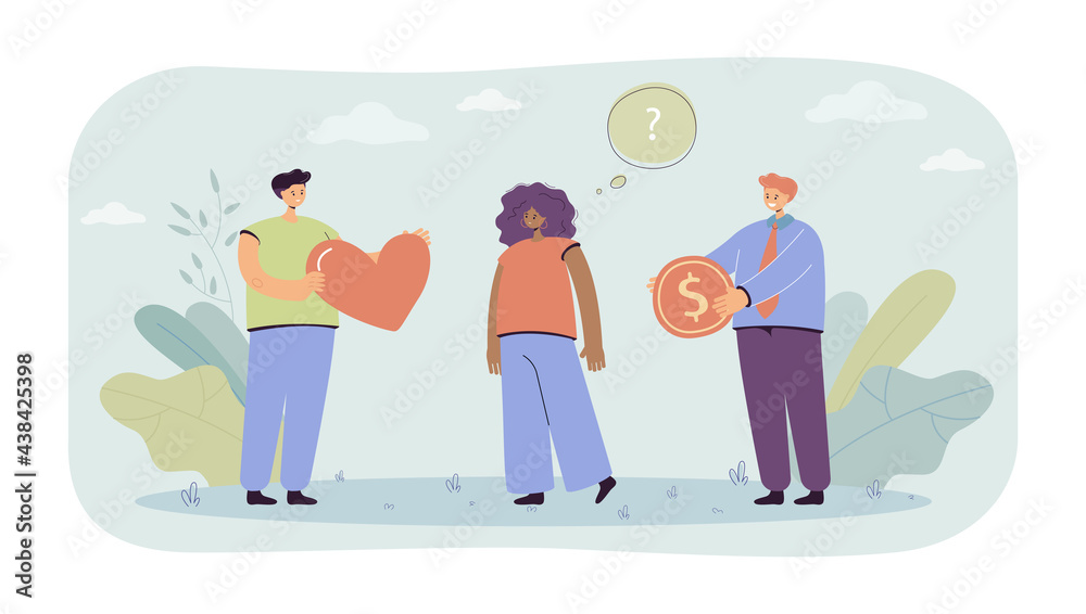 Woman choosing between love and money. Credit card, heart, wealth flat vector illustration. Relationship and happiness concept for banner, website design or landing web page Woman choosing between love and money. Credit card, heart, wealth flat vector illustration. Relationship and happiness concept for banner, website design or landing web page