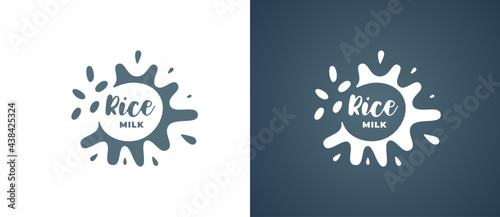 Rice milk product logo. Fresh vegetarian organic natural non lactic brand identity logotype design. Grain vegan eco dairy splash sign for company trademark vector Illustrations