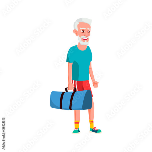 happy old man with sport bag going to gym cartoon vector. happy old man with sport bag going to gym character. isolated flat cartoon illustration