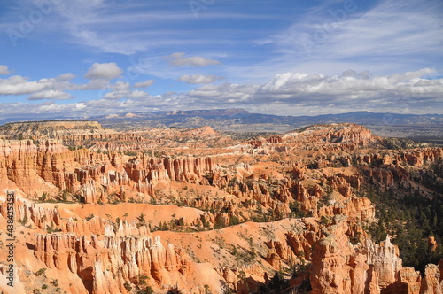 Panoramic view of huge rocky landscape, pinnacles and cliffs under cloudy sky in Paunsaugunt Plateau of Bryce Canyon National Park, USA