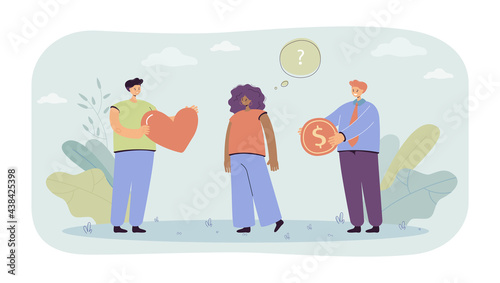 Woman choosing between love and money. Credit card, heart, wealth flat vector illustration. Relationship and happiness concept for banner, website design or landing web page