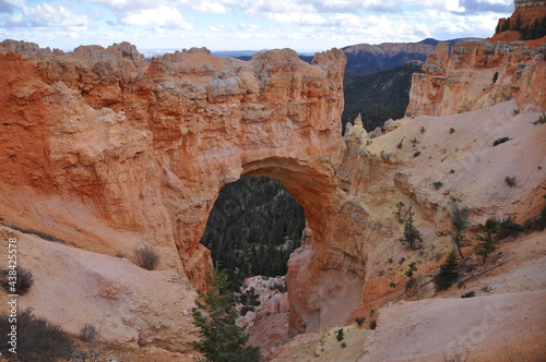 Beautiful view of arc made by rocks and cliffs at Paunsaugunt Plateau in Bryce Canyon National Park, USA