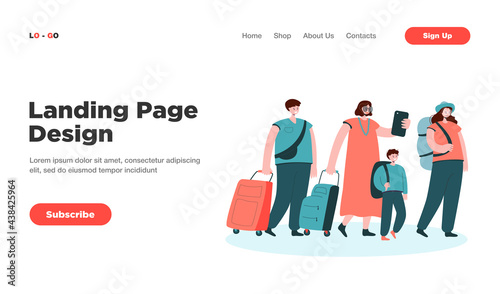 Big group of tourists in line with baggage flat vector illustration. Cartoon happy characters walking in airport with suitcases and bags. Travel and journey concept