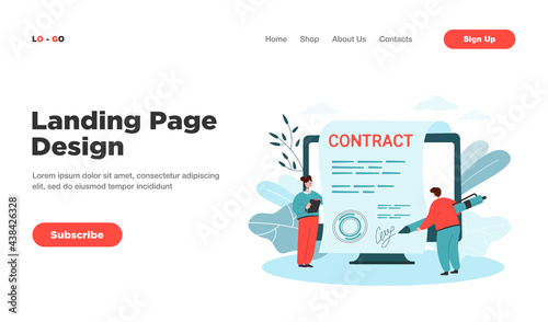 Tiny people signing giant contract with electronic signature. Flat vector illustration. Online agreement signing. Modern technologies, online, paperwork concept for banner design or landing page