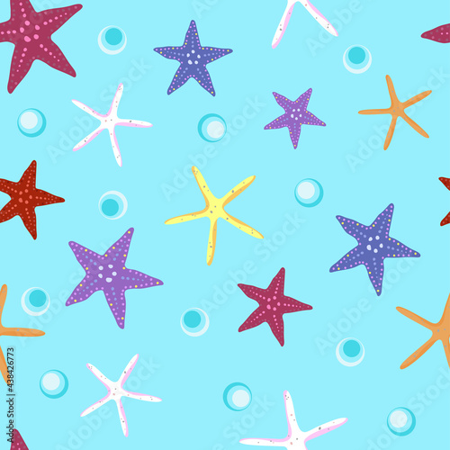 Starfish seamless pattern. Blue background. Vector illustration
