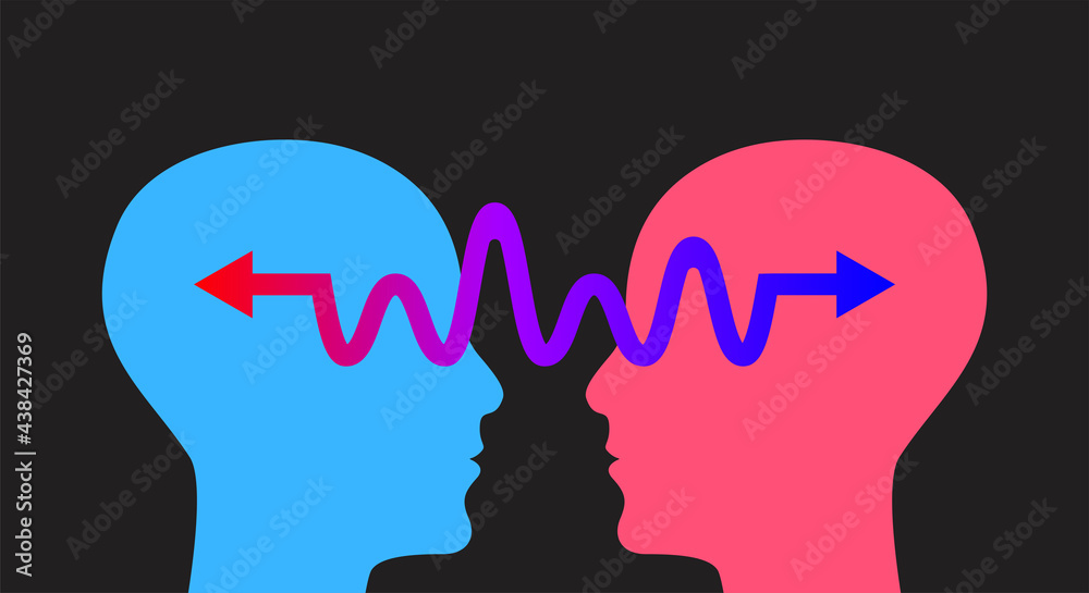 Conversation icon with two profiles and arrow. Empathy logo - obrazy, fototapety, plakaty 