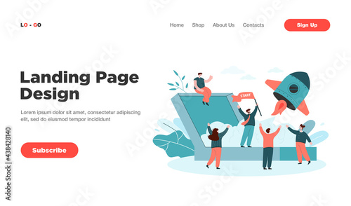 Cartoon launching new business project flat vector illustration. Team of people making startup with spaceship, developing creative idea together. Startup, teamwork, business concept for banner design