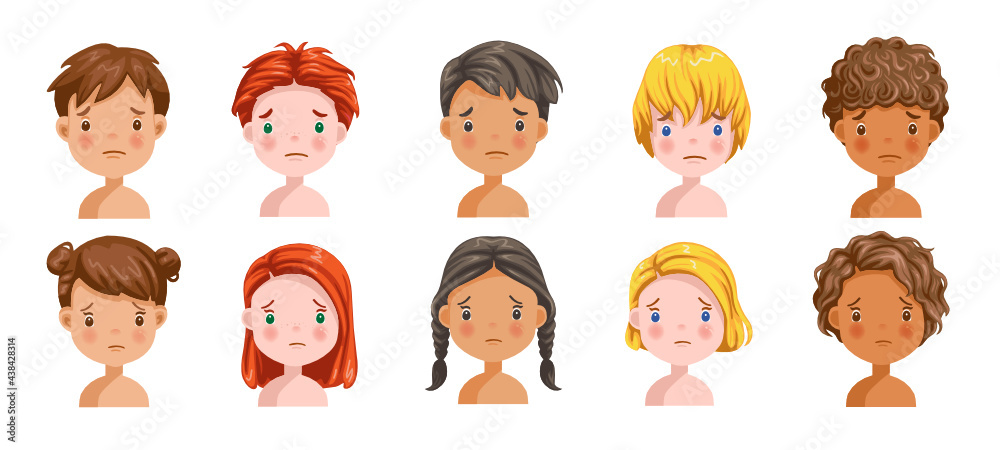 Boys and girls set sadly emotions, Feeling sad, face of the child.  Different nationalities are different. Variety of children. Female and male heads. 