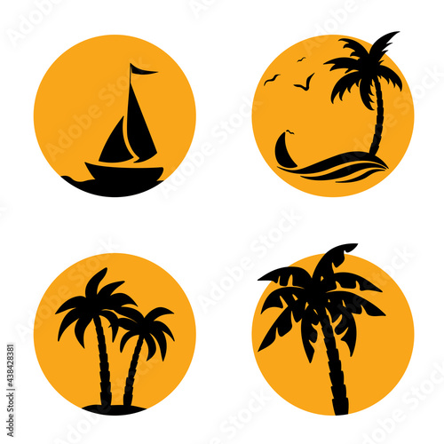 Summer silhouette  palm tree on beach. Set of badge with coconut tree and sailboat.
