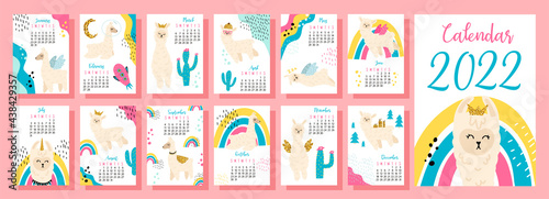 Calendar 2022 and planner. Cute llama in the style of cartoon, a children's character. 12 months - calendar with a children's print-lama. Week starts on Sunday. New Year's 2022. The Year of the Tiger.