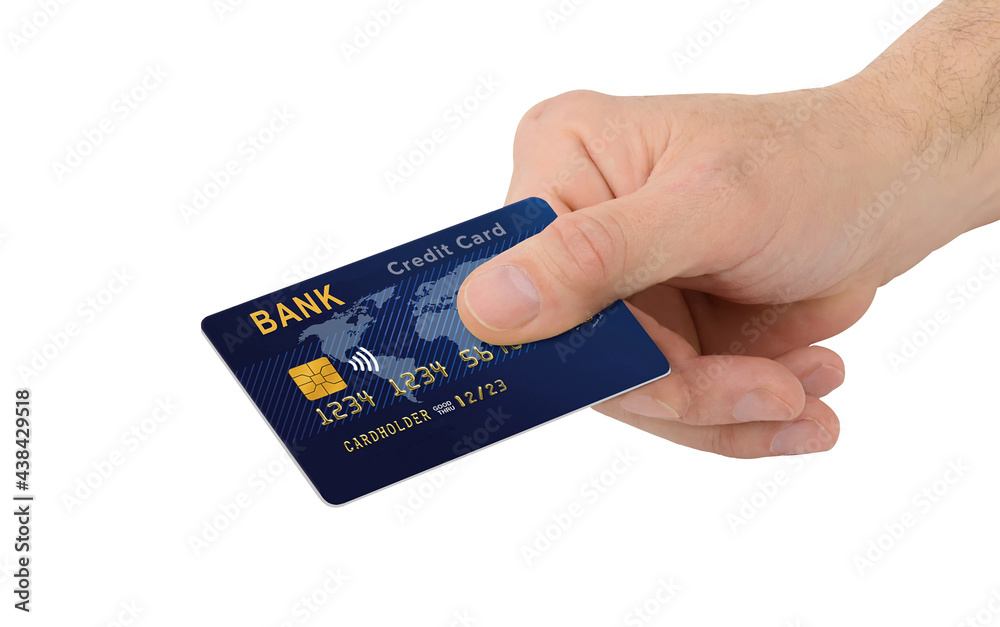 Male Hand with blue credit card with chip isolated on white background Male Hand with blue credit card with chip isolated on white background