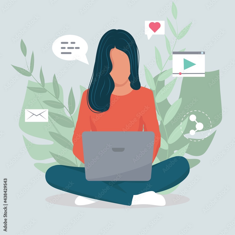 .a freelancer girl is sitting at her laptop. A young girl is sitting in the lotus position. Vector illustration in flat styles .a freelancer girl is sitting at her laptop. A young girl is sitting in the lotus position. Vector illustration in flat styles