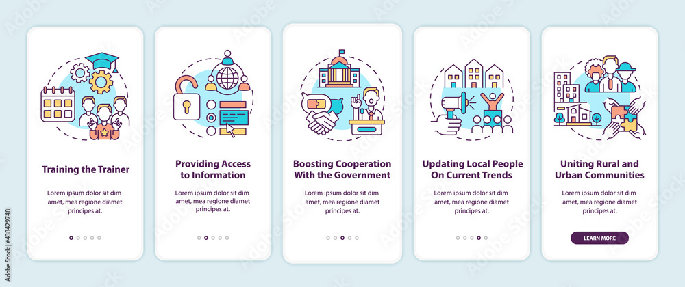 Community development steps onboarding mobile app page screen with concepts. Access to information walkthrough 5 steps graphic instructions. UI, UX, GUI vector template with linear color illustrations
