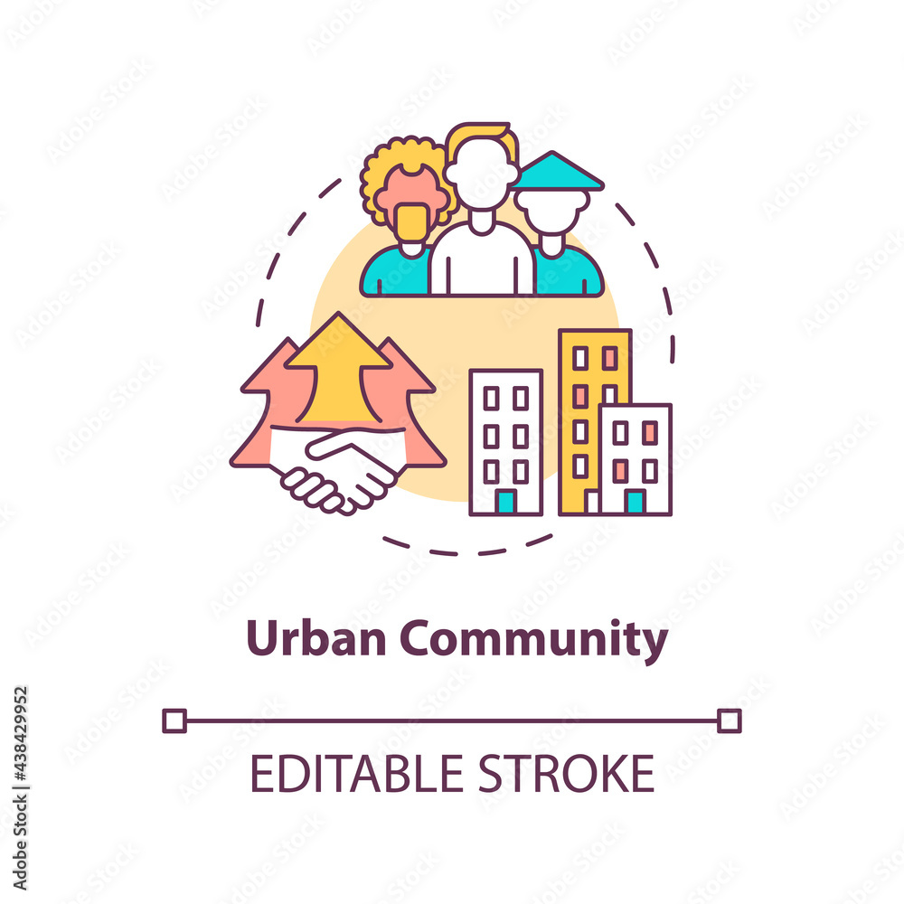 Urban community concept icon. Communities types abstract idea thin line illustration. Urban populations. Human settlement with varying status. Vector isolated outline color drawing. Editable stroke