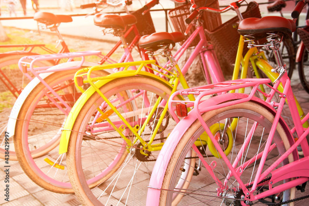 Pink bikes with brown baskets standing in a row. Pink bikes with brown baskets standing in a row.