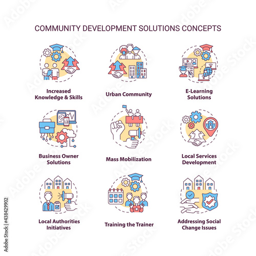 Community development solutions concept icons set. Mass mobilization idea thin line color illustrations. Increased knowledge and skills. Vector isolated outline drawings. Editable stroke