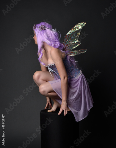 Full length portrait of a purple haired  girl wearing fantasy corset dress with fairy wings and flower crown.  Seated pose against a dark studio background. photo