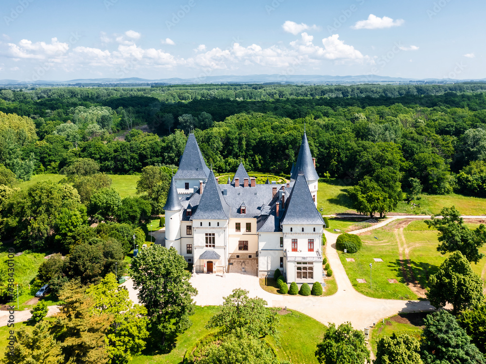 Hungarian romantic style castle in Tiszadob village which name is Andrassy castle. Erzsebet quuen in memory built by Gyula Andrassy in XIX th century. Famous historical castle monument in Hungary.