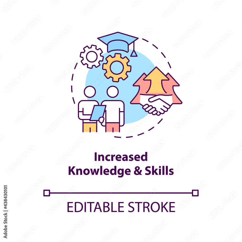 Increased knowledge and skills concept icon. Community development benefit abstract idea thin line illustration. Problem-solving abilities. Vector isolated outline color drawing. Editable stroke Increased knowledge and skills concept icon. Community development benefit abstract idea thin line illustration. Problem-solving abilities. Vector isolated outline color drawing. Editable stroke