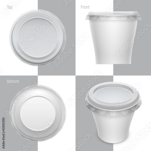 Vector goblet shaped plastic container with foil and transparent lid for cosmetics cream, yoghurt or melted cheese. Packaging template illustration.