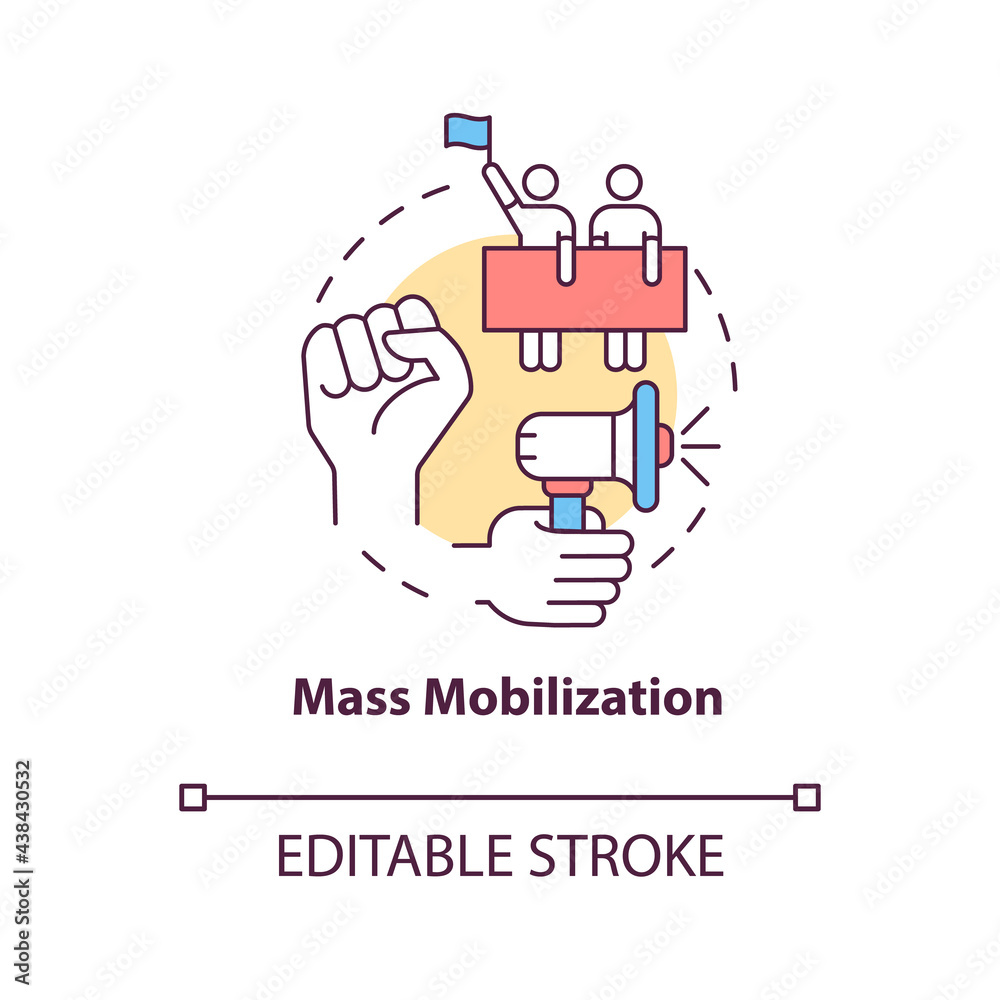 Mass mobilization concept icon. Community change strategy abstract idea thin line illustration. Raising awareness at local and national levels. Vector isolated outline color drawing. Editable stroke Mass mobilization concept icon. Community change strategy abstract idea thin line illustration. Raising awareness at local and national levels. Vector isolated outline color drawing. Editable stroke