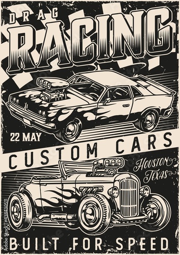Custom cars racing vintage monochrome poster