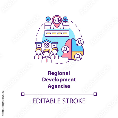Regional development agencies concept icon. Community development programs level abstract idea thin line illustration. Voluntary organizations. Vector isolated outline color drawing. Editable stroke