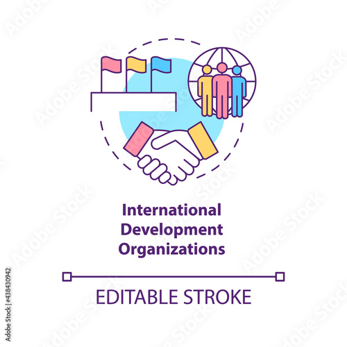 International development organizations concept icon. Community growth program abstract idea thin line illustration. Reducing inequalities. Vector isolated outline color drawing. Editable stroke