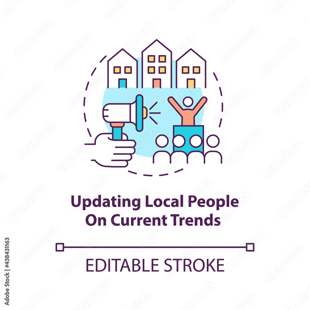 Updating local people on current trends concept icon. Community development abstract idea thin line illustration. Providing public awareness. Vector isolated outline color drawing. Editable stroke Updating local people on current trends concept icon. Community development abstract idea thin line illustration. Providing public awareness. Vector isolated outline color drawing. Editable stroke