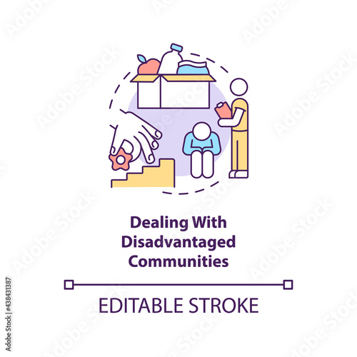 Dealing with disadvantaged communities concept icon. Development target abstract idea thin line illustration. Groups with economic backwardness. Vector isolated outline color drawing. Editable stroke