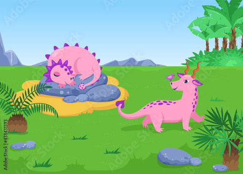 Tropical landscape with pink dinosaurs cartoon illustration. Animal sleeping curling up in ball. Funny dino having fun with bird. Illustration for children. Nature concept.