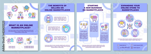 What is an online marketplace brochure template. E business. Flyer, booklet, leaflet print, cover design with linear icons. Vector layouts for presentation, annual reports, advertisement pages
