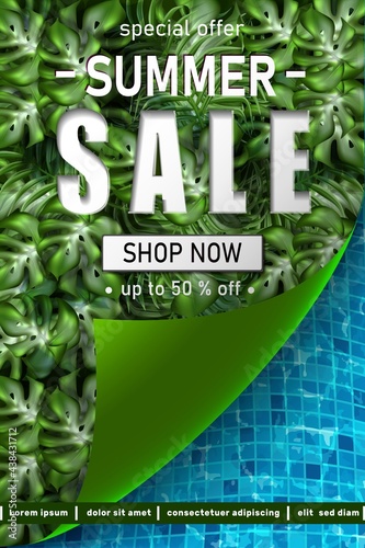 Vector big summer sale banner template with tropical leaves frame and swimming pool textures.