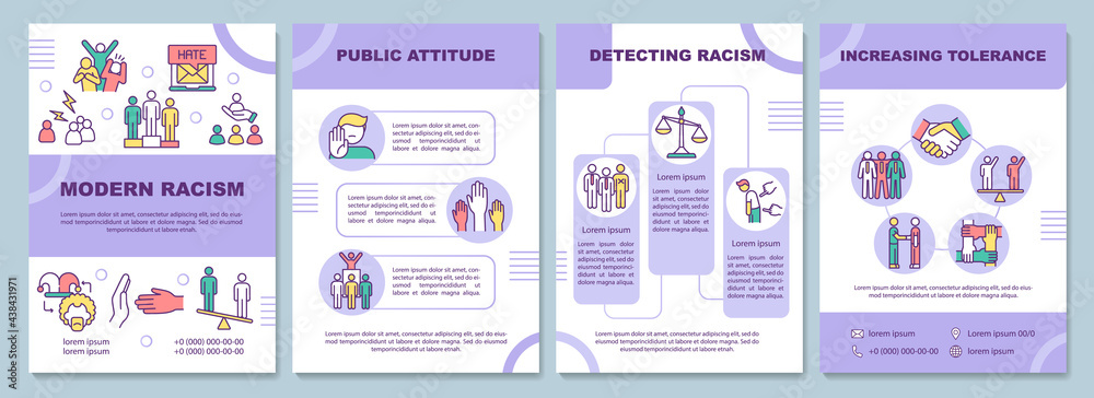 Modern racism brochure template. Public attitude. Flyer, booklet, leaflet print, cover design with linear icons. Vector layouts for presentation, annual reports, advertisement pages
