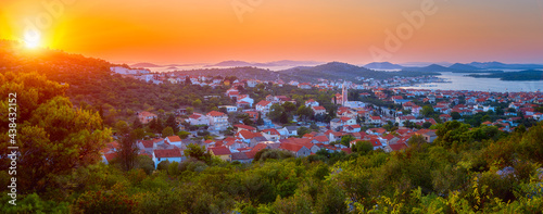 Amazing panoramic view of Murter-Kornati town, sea and Kornati islands, scenic landscape in sunset light, Murter otok, Dalmatia, Croatia. Outdoor travel background © larauhryn