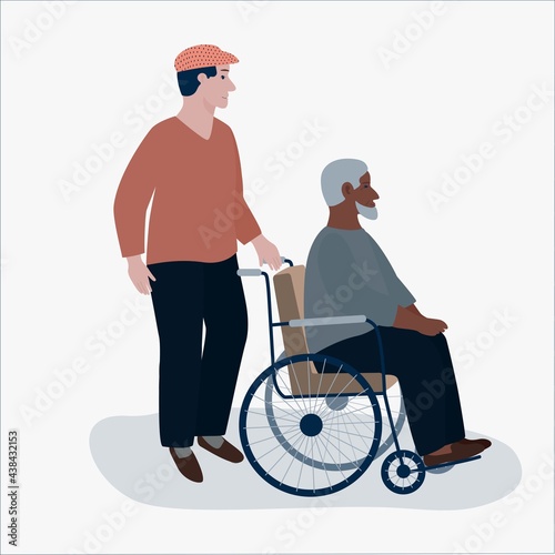 Old men in wheelchair, helping a disabled person, pushing the wheelchair, handicap, taking care,  caring for an elderly man, pensioner, couple, happy old age concept. Flat style, minimalism, vector 