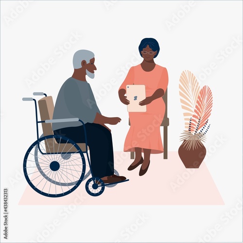 Elderly men and women relationship, old man in wheelchair,  date,  love, couple, happy old age concept. Grandmother and grandfather together, cartoon style. Minimalism, vector