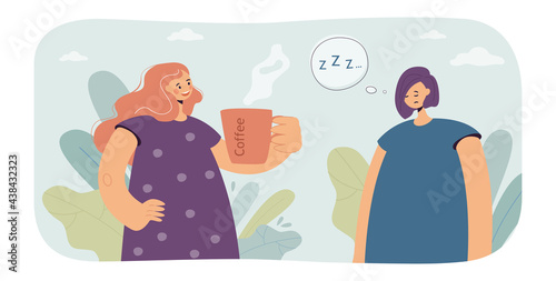 Sleepy woman having need of coffee vector illustration. Female characters offering coffee to her tired friend. Sleep deprivation concept for banner, website or landing page