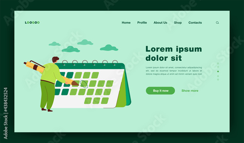 Tiny man in front of giant calendar cartoon vector illustration. Person highlighting specific date on schedule with giant pen. Events, agendas, deadlines checking. Planning, time management concept