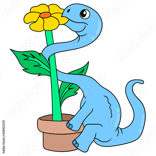 dinosaur eating sunflower at the end of the pot, doodle icon image kawaii