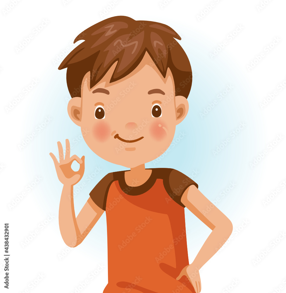 Boy ok. Positive emotions, smiling. Cartoon character vector illustration isolated on white background.