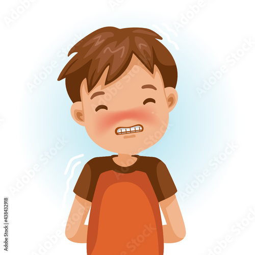 Boy shy portrait of feel shy boy smiling and biting his teeth for childhood. Cartoon character vector illustration isolated on white background.