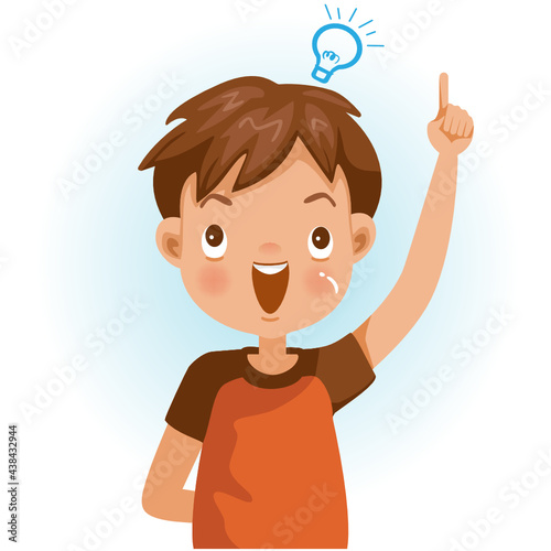 Boy success. Figured out, clever kids thumbs pointing something. Positive emotions, smiling. Cartoon character vector illustration isolated on white background.