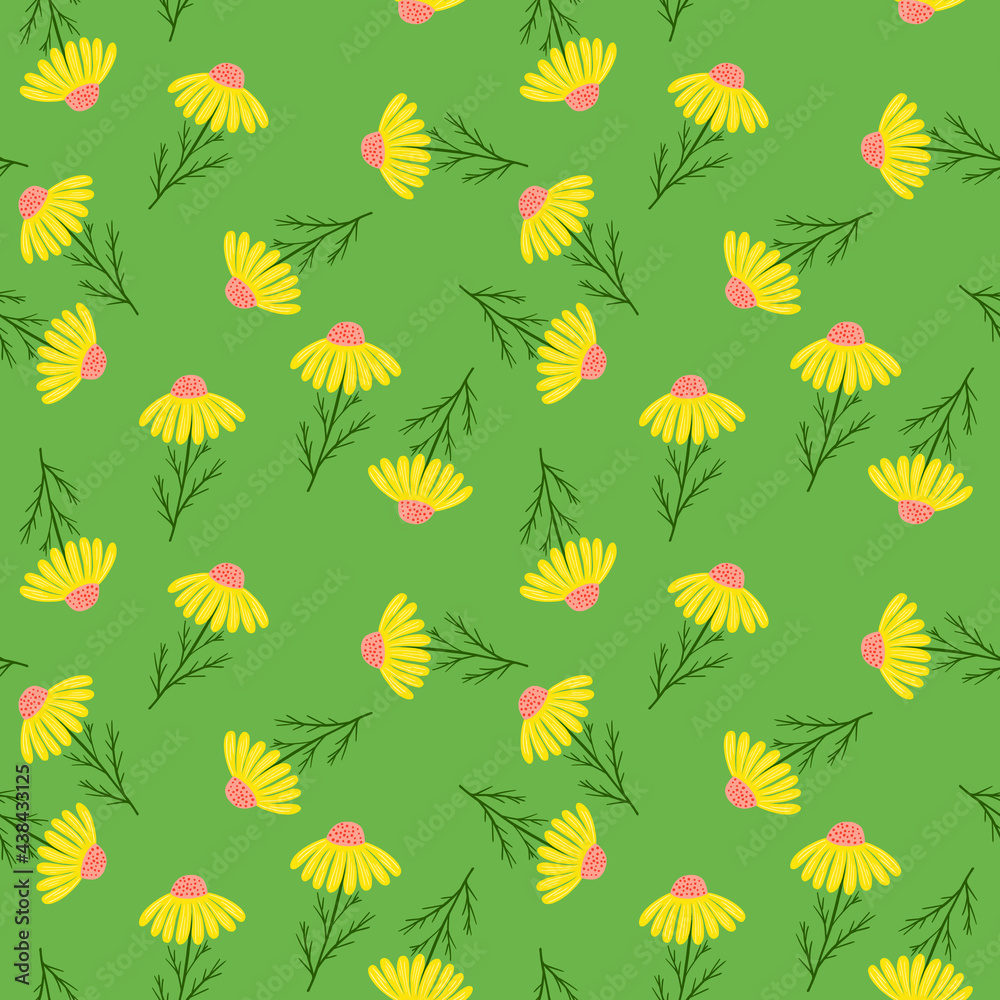 Obraz premium Blossom ornament seamless pattern with random yellow daisy flowers silhouettes print. Green background.