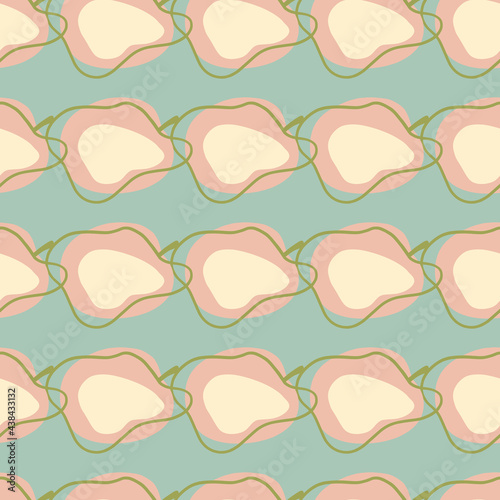 Organic seamless pattern with doodle pink abstract apple shapes. Blue background. Vitamin fruit backdrop.