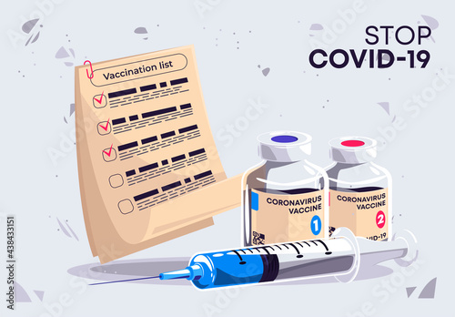 vector illustration of a vaccination list with a covid-19 vaccine and medical syringe