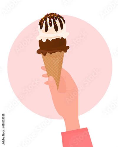 Hand holding ice cream in a waffle cone. For design, web, graphics. Cartoon flat style.
Vector illustration isolated on white background.